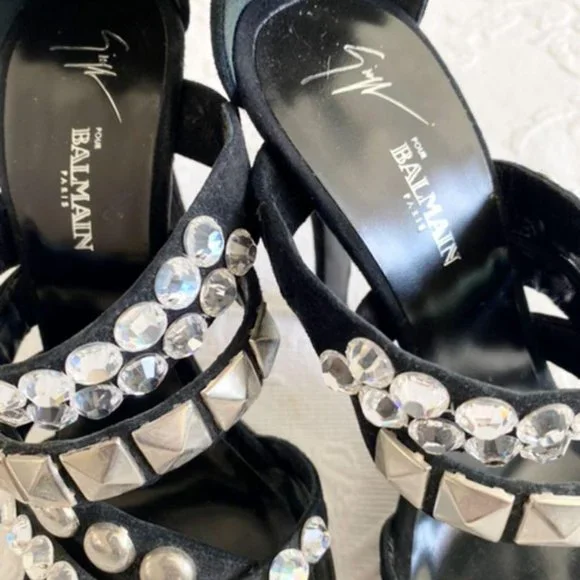[SOLD] Giuseppe Zanotti x Balmain Black Suede Rhinestone Evening Sandals Heels - Picture 10 of 10